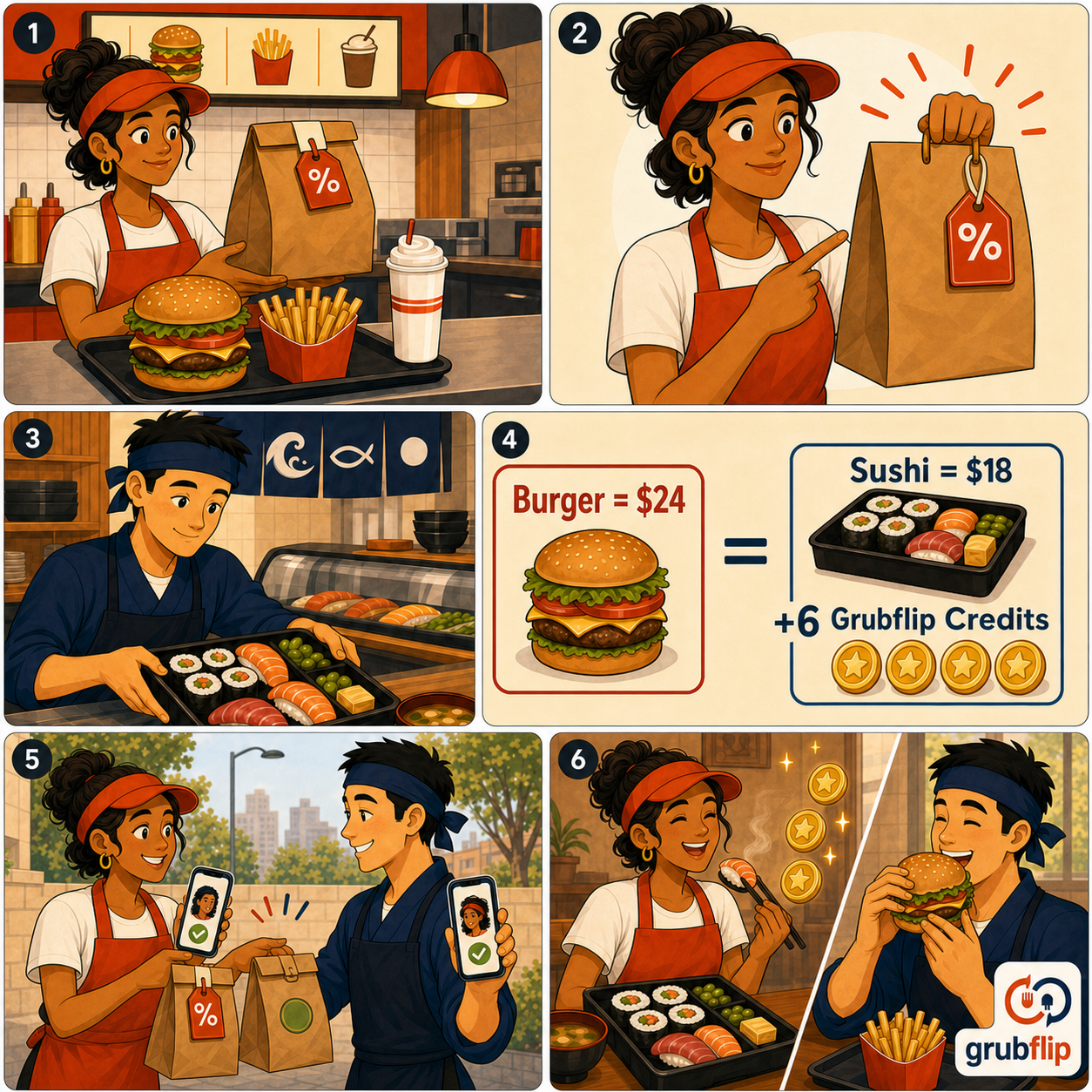 Two restaurant employees trading a burger meal for sushi through Grubflip
